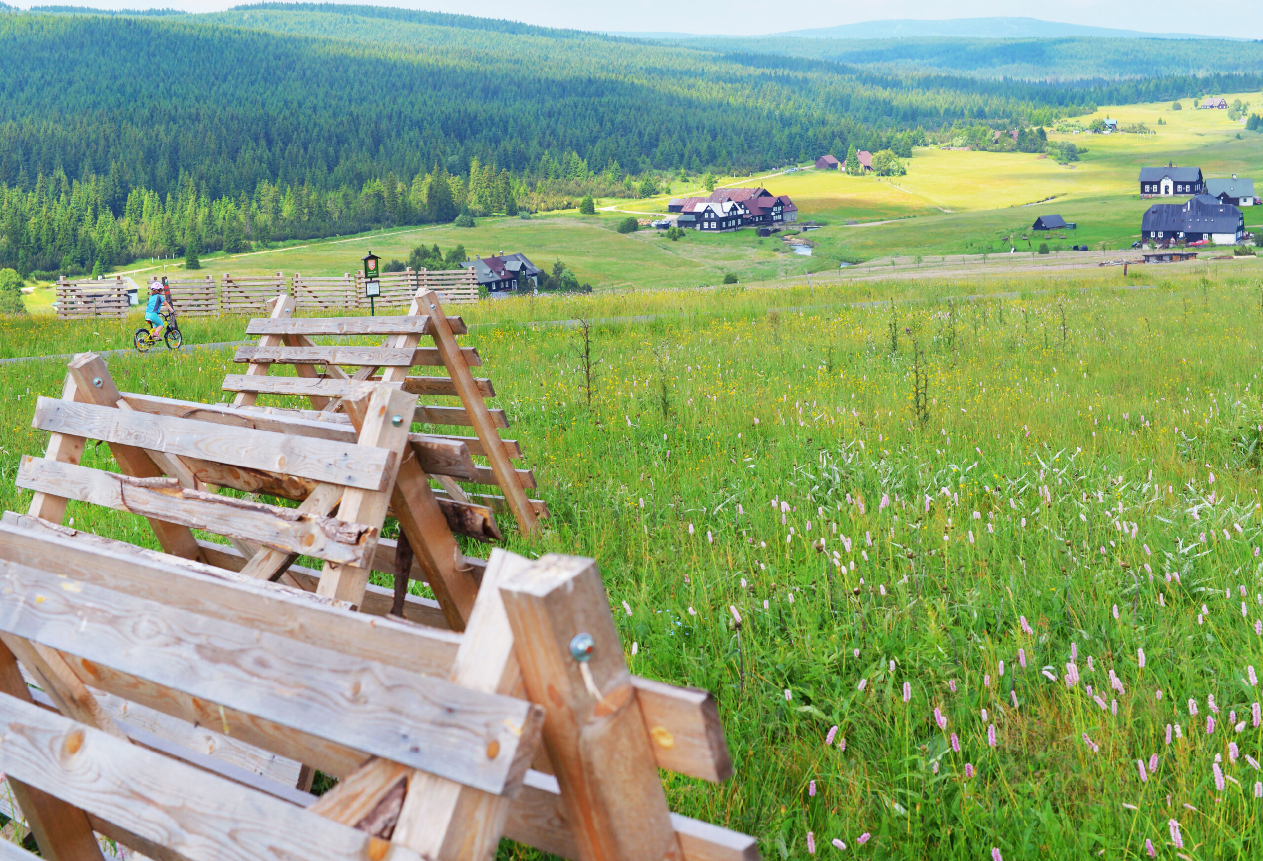 Jizera mountains in summer season. The hills are covered with forests and meadows. A child rides a bike.